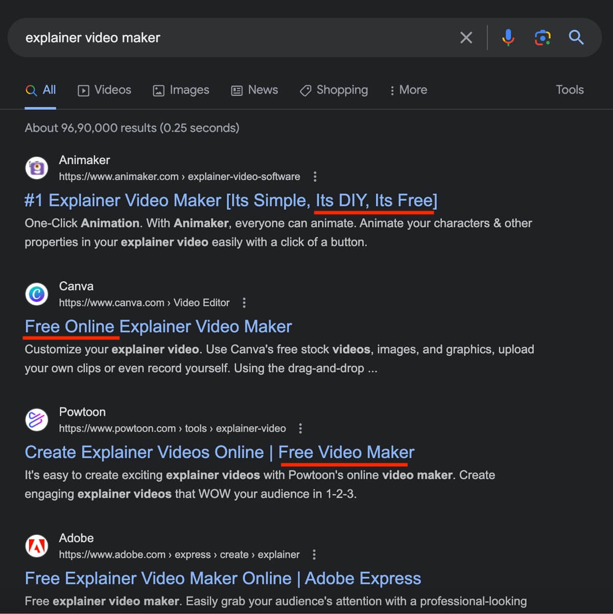 Screenshot showing search results of explainer video maker claiming to be free.