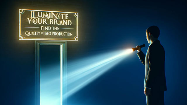 A person standing in a dark room, holding a flashlight shining a narrow beam. The beam illuminates a hidden doorway with a sign above reading "Quality Video Production."